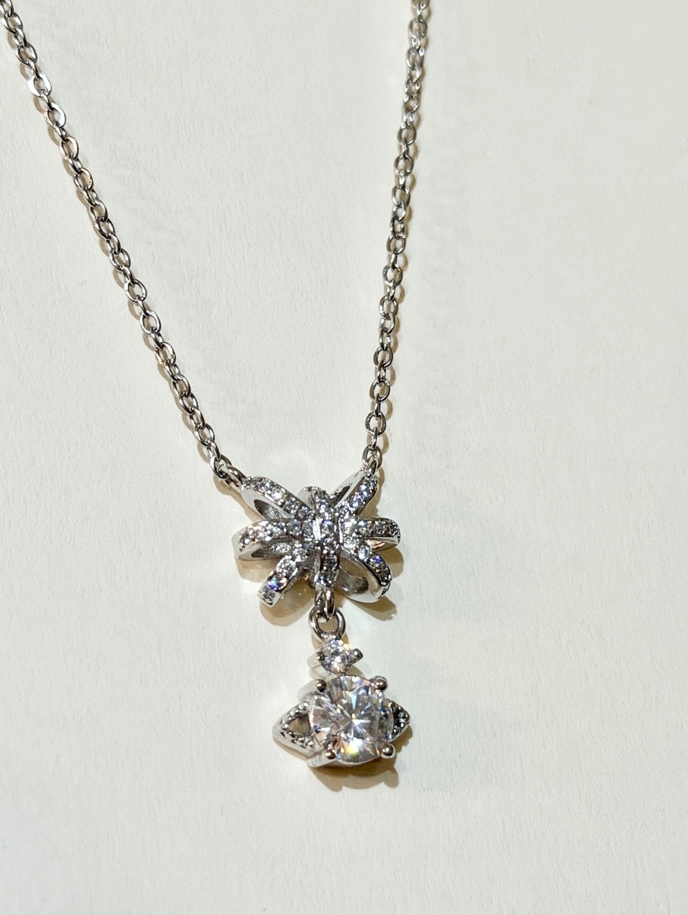 Moissanite Bow Flower Pendant Necklace Sparkling Floral Silver Tone Jewelry N12